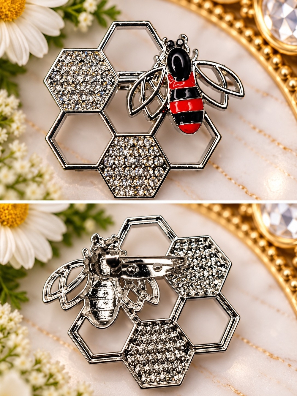 Red & Black Bee Honeycomb Rhinestone Brooch Silver Tone